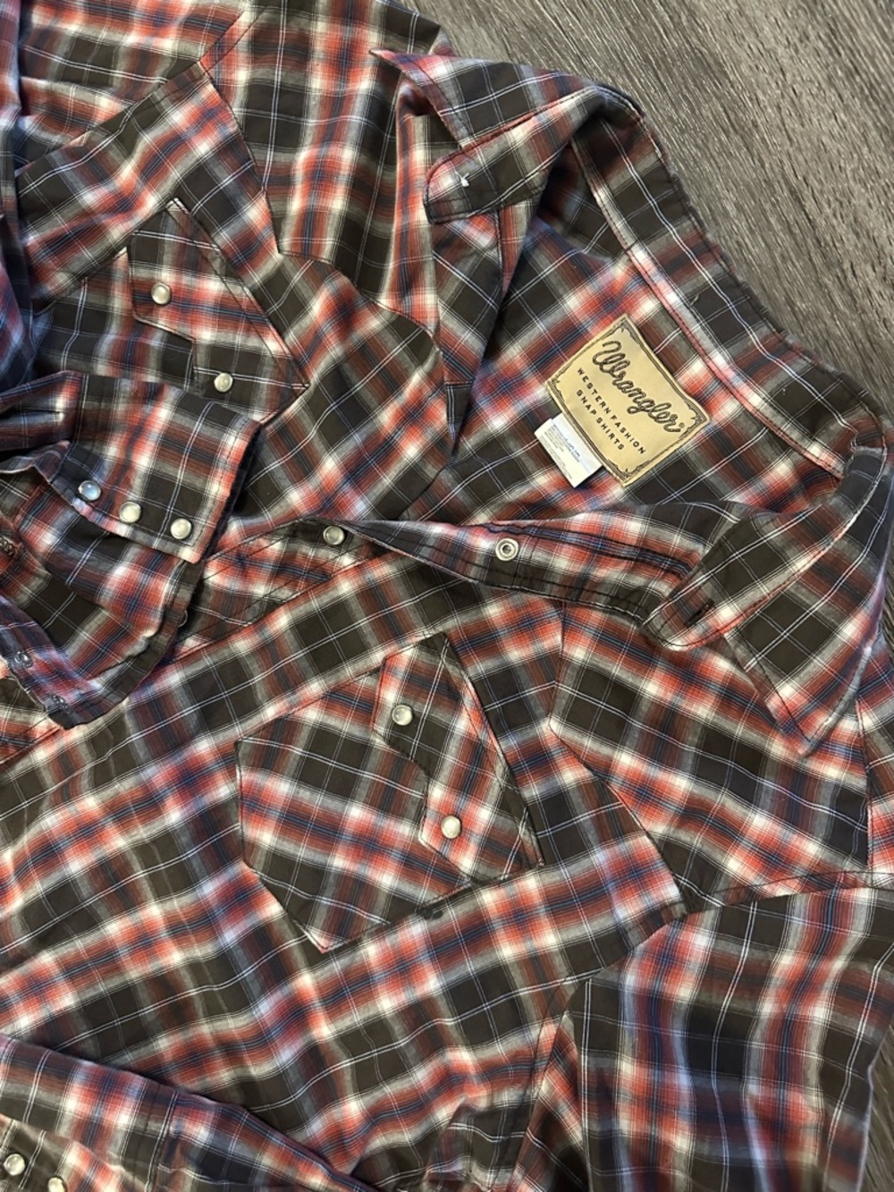 Wrangler Brown Red White Plaid Snap Button-Up Shirt L Men’s western